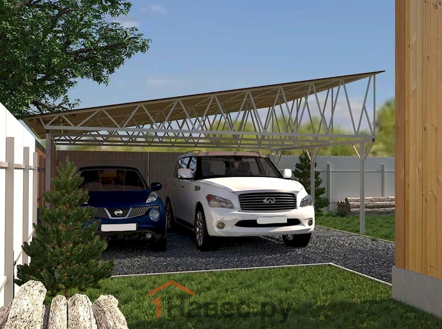 Односкатный навес из поликарбоната на 2 автомобиля